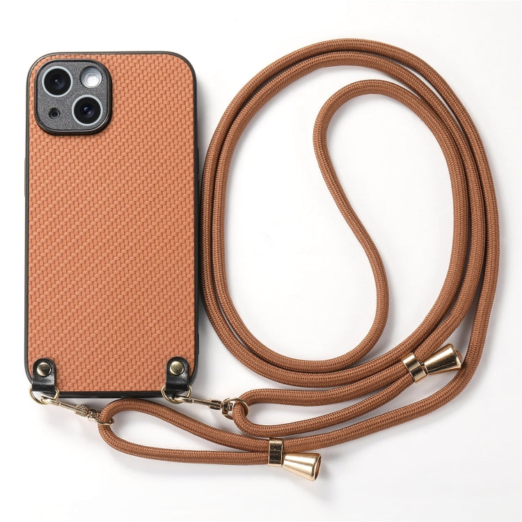 For iPhone 15 Carbon Fiber Texture Leather Back Phone Case with Crossbody Strap