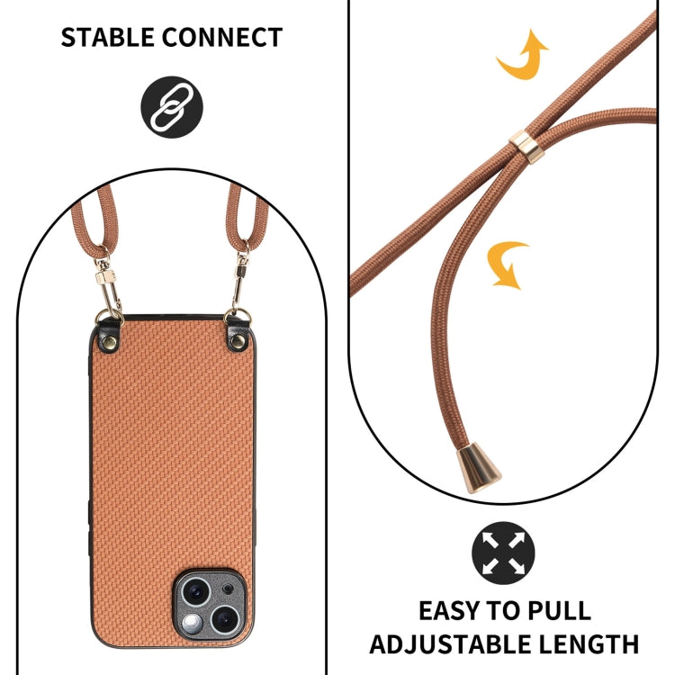 For iPhone 15 Carbon Fiber Texture Leather Back Phone Case with Crossbody Strap