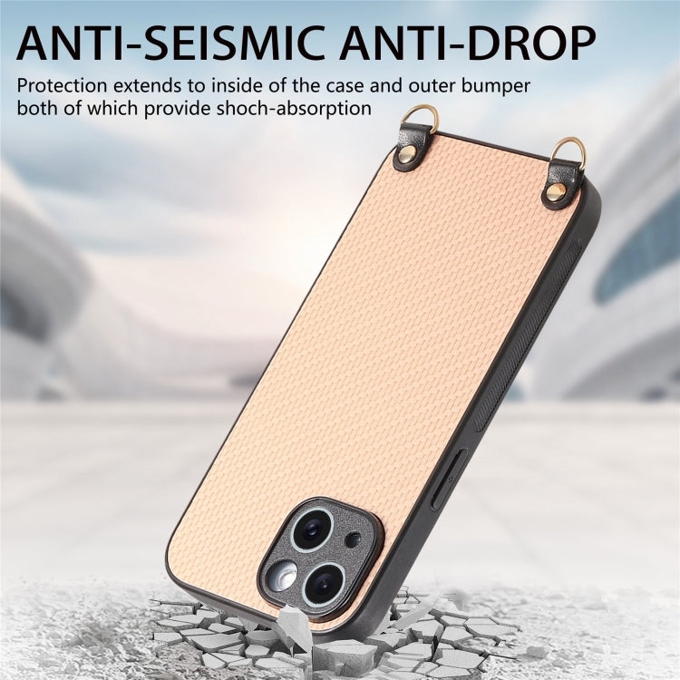 For iPhone 15 Carbon Fiber Texture Leather Back Phone Case with Crossbody Strap