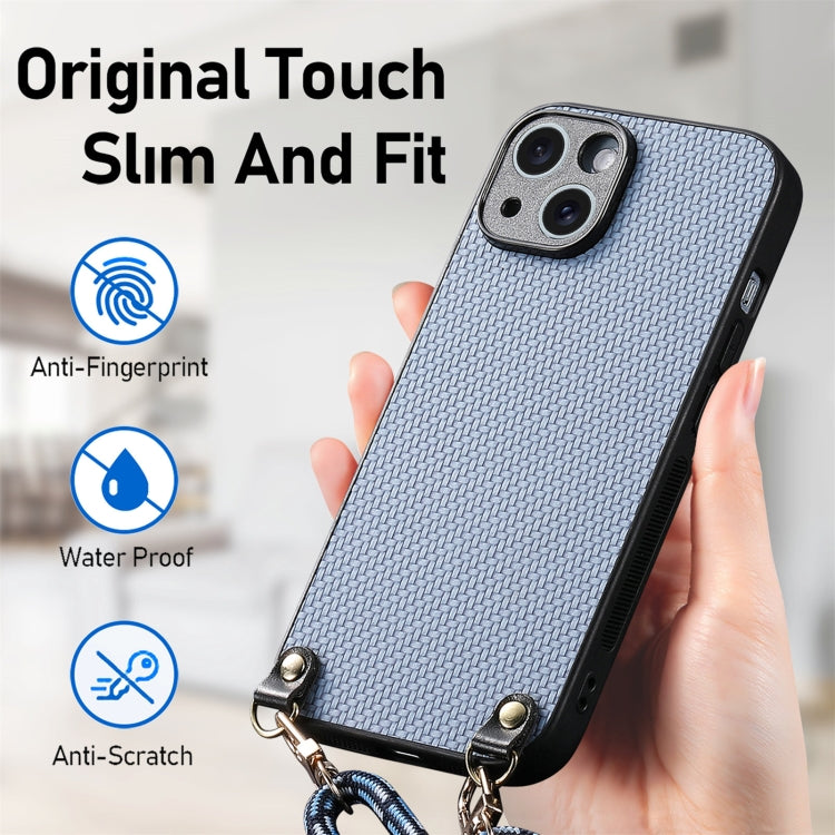 For iPhone 15 Carbon Fiber Texture Leather Back Phone Case with Crossbody Strap