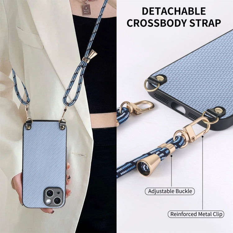 For iPhone 15 Carbon Fiber Texture Leather Back Phone Case with Crossbody Strap