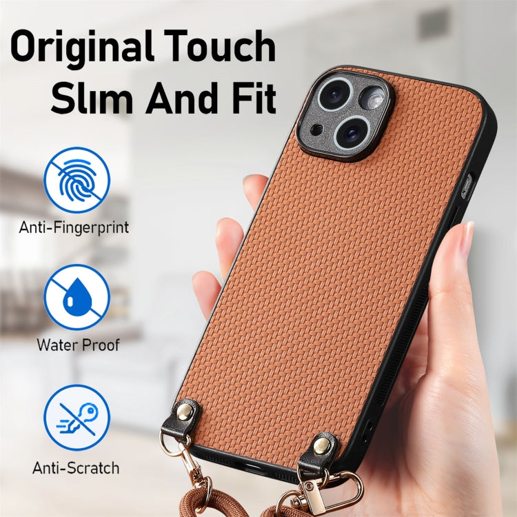 For iPhone 14 Pro Max Carbon Fiber Texture Leather Back Phone Case with Crossbody Strap