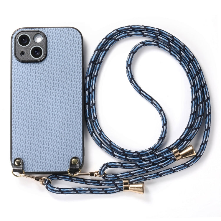 For iPhone 13 Carbon Fiber Texture Leather Back Phone Case with Crossbody Strap