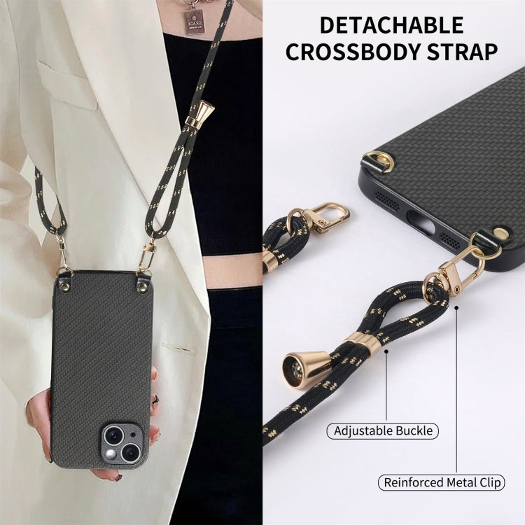For iPhone 11 Carbon Fiber Texture Leather Back Phone Case with Crossbody Strap