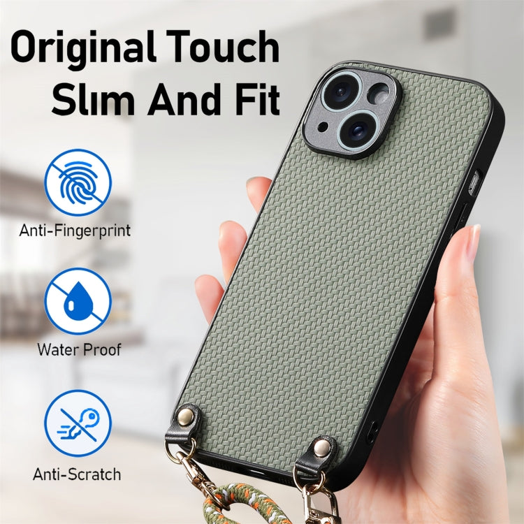 For iPhone 11 Pro Carbon Fiber Texture Leather Back Phone Case with Crossbody Strap