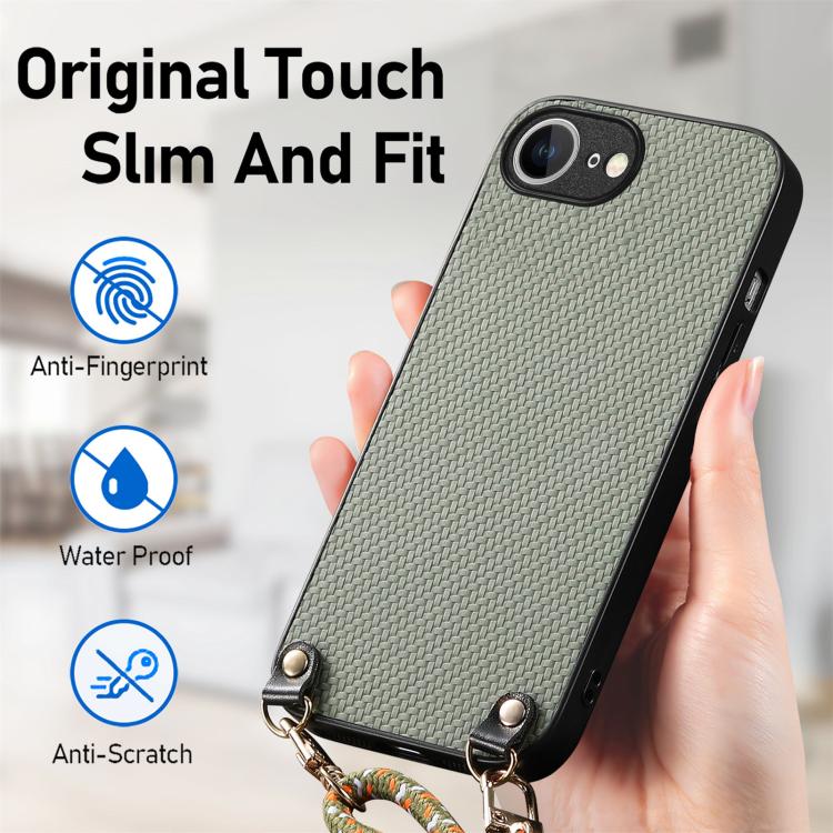 For iPhone 17e / 16e Carbon Fiber Texture Leather Back Phone Case with Crossbody Strap