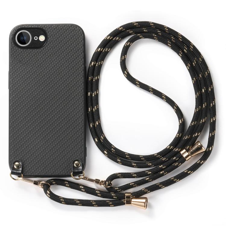 For iPhone 17e / 16e Carbon Fiber Texture Leather Back Phone Case with Crossbody Strap