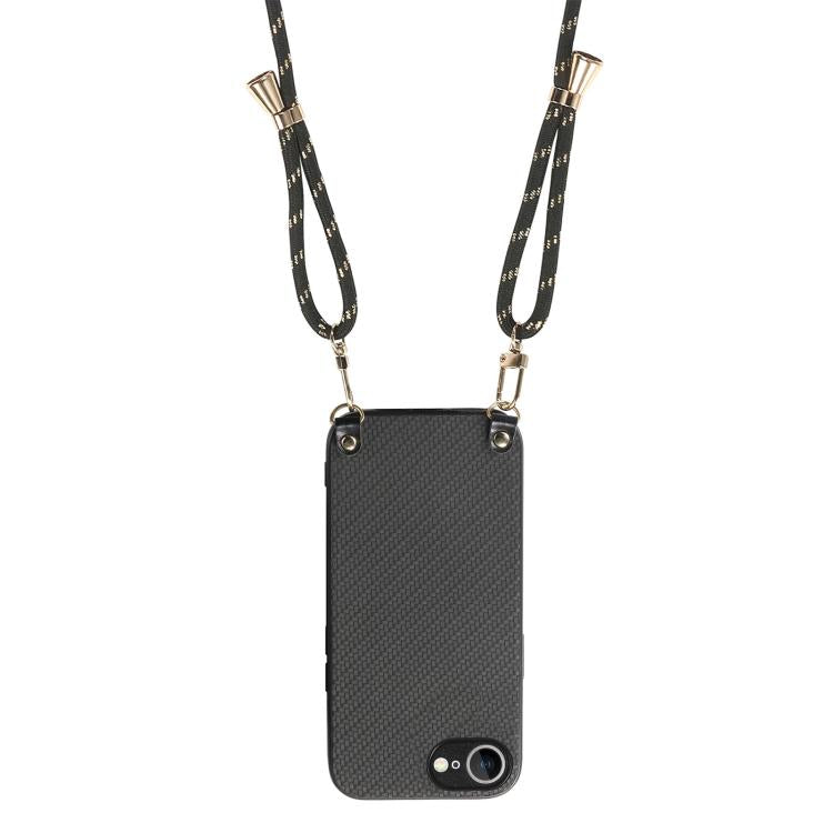 For iPhone 17e / 16e Carbon Fiber Texture Leather Back Phone Case with Crossbody Strap