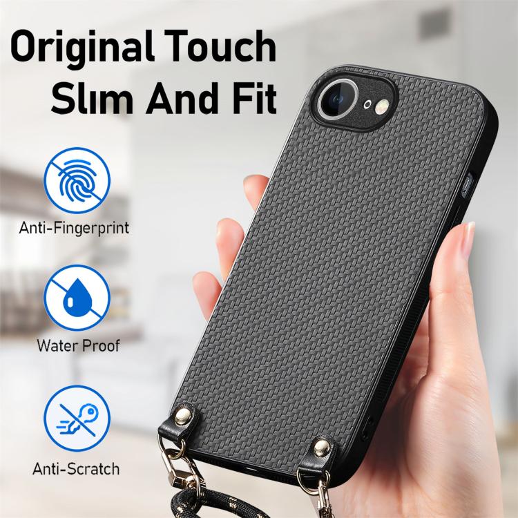 For iPhone 17e / 16e Carbon Fiber Texture Leather Back Phone Case with Crossbody Strap