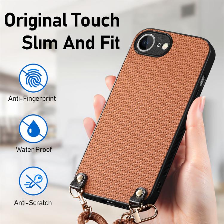 For iPhone 17e / 16e Carbon Fiber Texture Leather Back Phone Case with Crossbody Strap