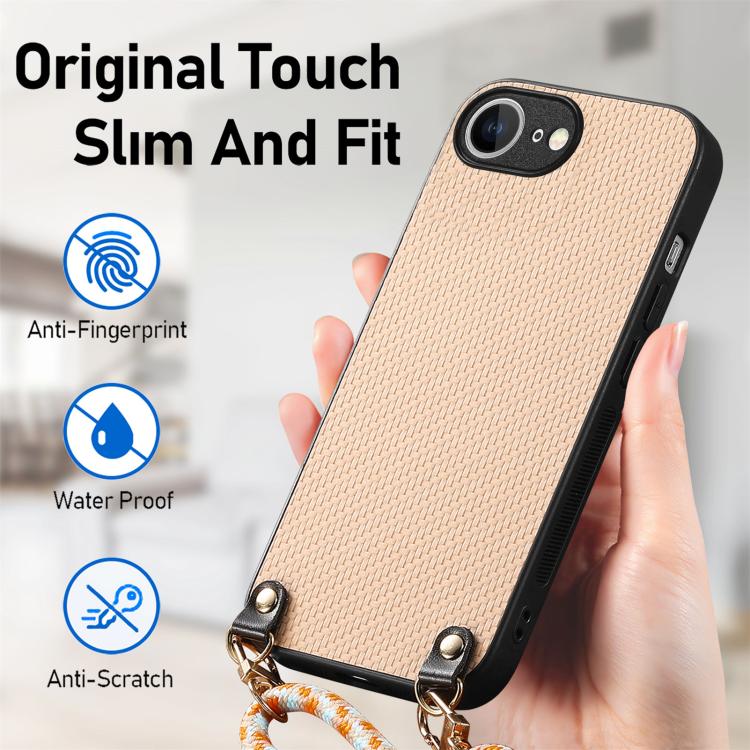 For iPhone 17e / 16e Carbon Fiber Texture Leather Back Phone Case with Crossbody Strap