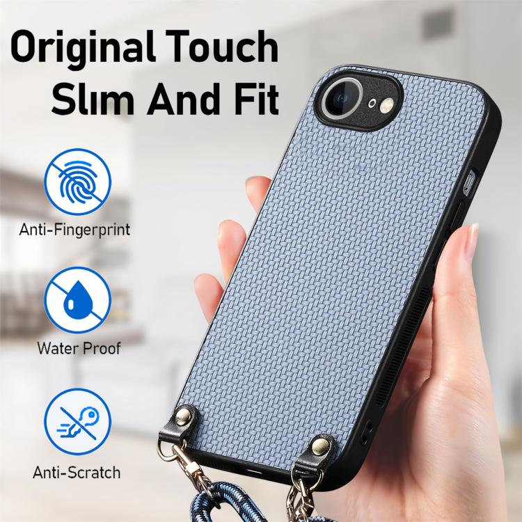 For iPhone 17e / 16e Carbon Fiber Texture Leather Back Phone Case with Crossbody Strap