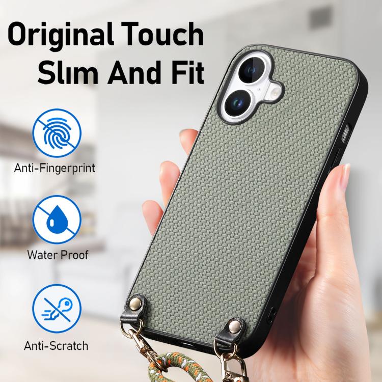 For  iPhone 17 Carbon Fiber Texture Leather Back Phone Case with Crossbody Strap