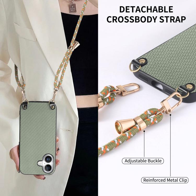 For  iPhone 17 Carbon Fiber Texture Leather Back Phone Case with Crossbody Strap