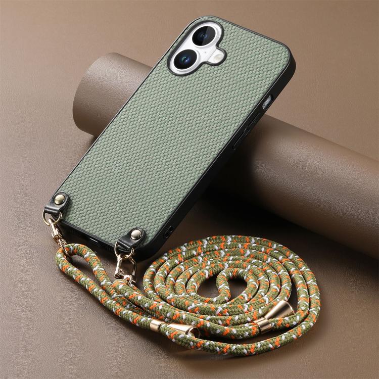 For  iPhone 17 Carbon Fiber Texture Leather Back Phone Case with Crossbody Strap
