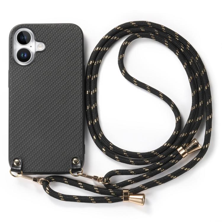 For  iPhone 17 Carbon Fiber Texture Leather Back Phone Case with Crossbody Strap