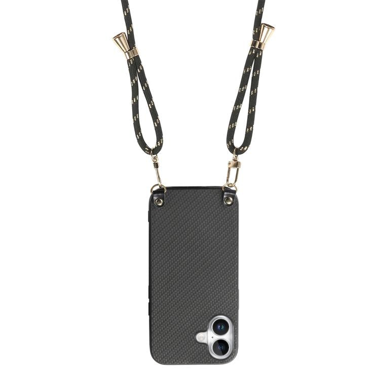 For  iPhone 17 Carbon Fiber Texture Leather Back Phone Case with Crossbody Strap