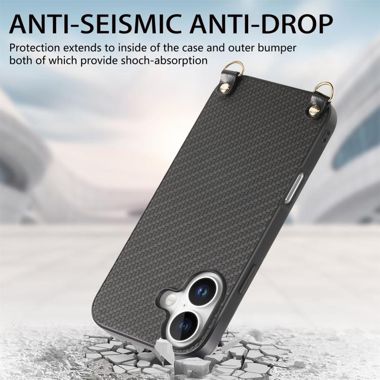 For  iPhone 17 Carbon Fiber Texture Leather Back Phone Case with Crossbody Strap