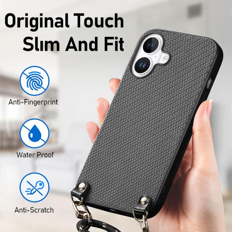 For  iPhone 17 Carbon Fiber Texture Leather Back Phone Case with Crossbody Strap