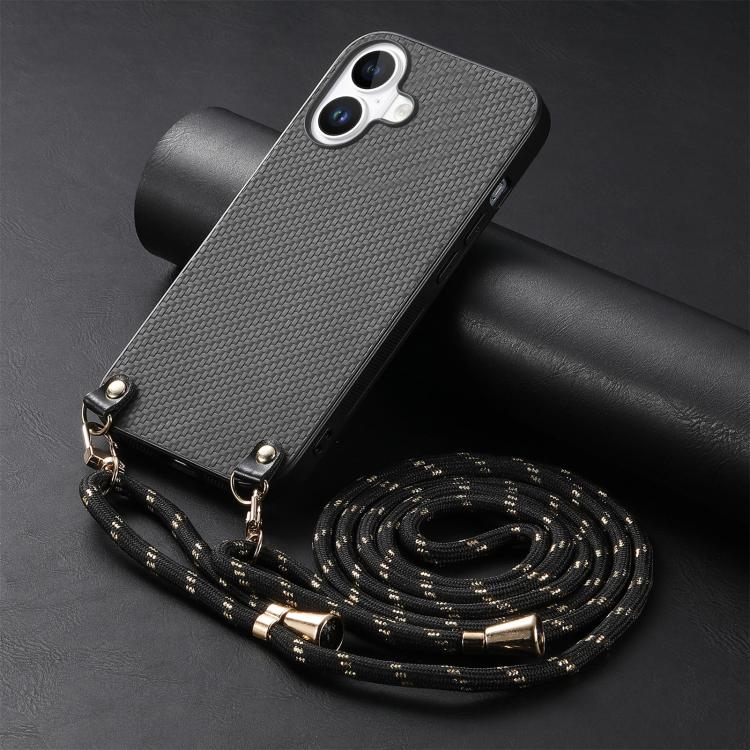 For  iPhone 17 Carbon Fiber Texture Leather Back Phone Case with Crossbody Strap