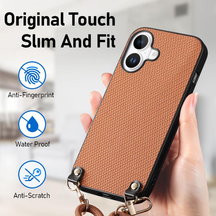 For  iPhone 17 Carbon Fiber Texture Leather Back Phone Case with Crossbody Strap