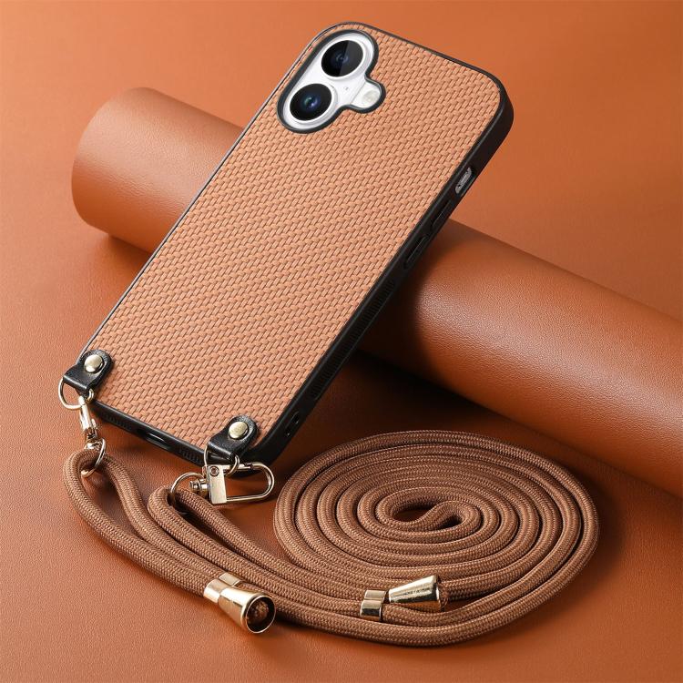 For  iPhone 17 Carbon Fiber Texture Leather Back Phone Case with Crossbody Strap