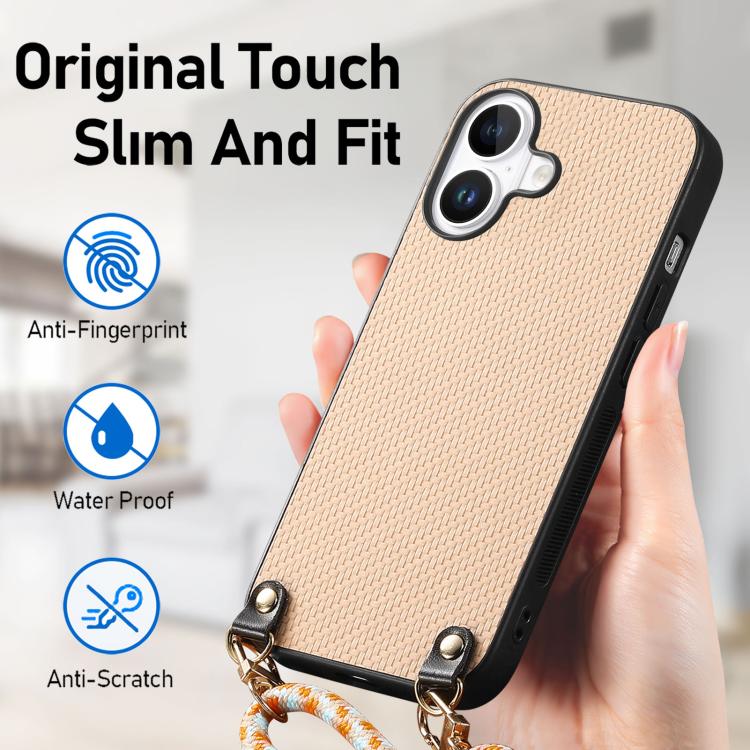 For  iPhone 17 Carbon Fiber Texture Leather Back Phone Case with Crossbody Strap