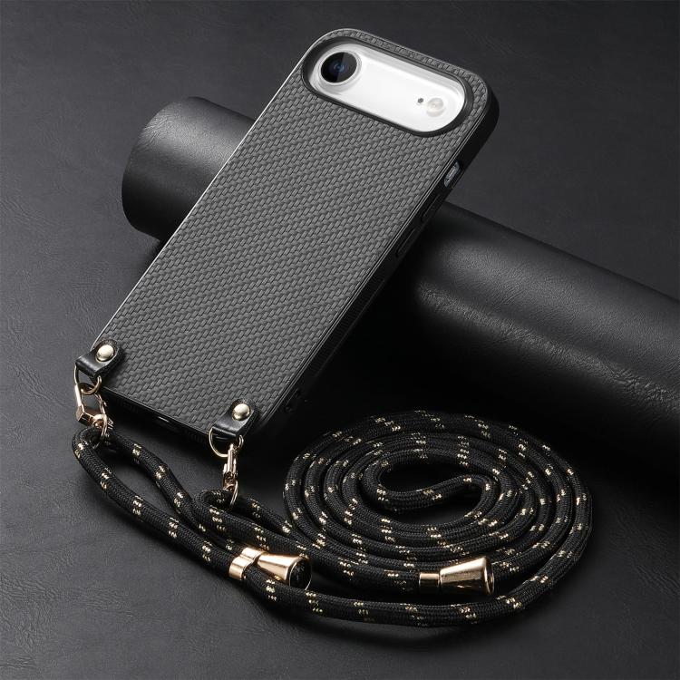 For iPhone Air Carbon Fiber Texture Leather Back Phone Case with Crossbody Strap