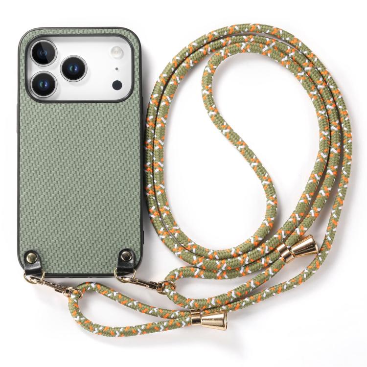 For iPhone 17 Pro Carbon Fiber Texture Leather Back Phone Case with Crossbody Strap