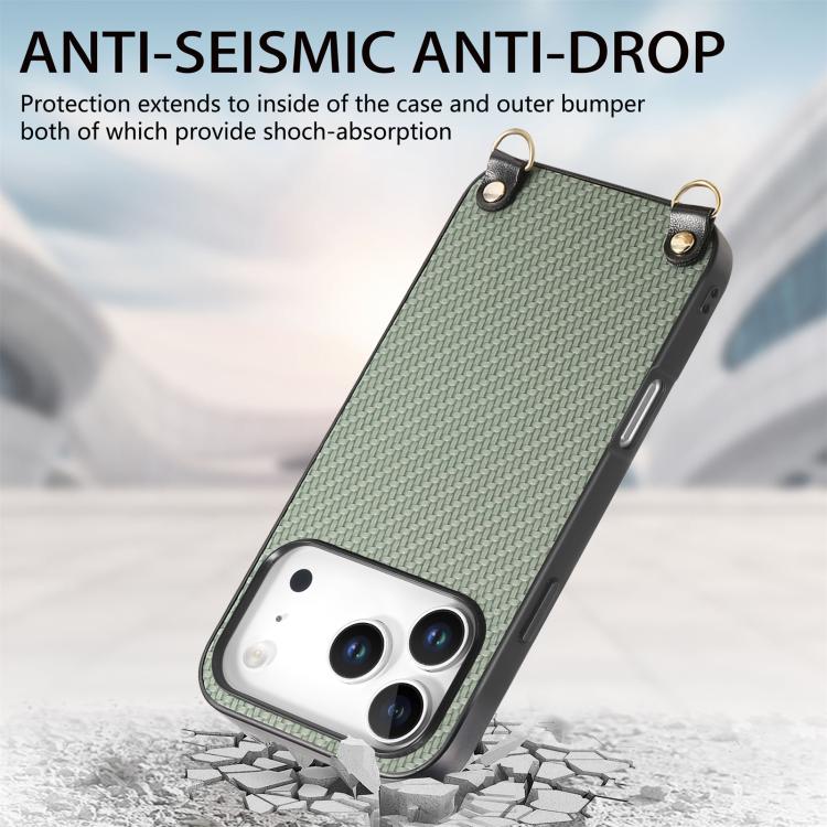 For iPhone 17 Pro Carbon Fiber Texture Leather Back Phone Case with Crossbody Strap