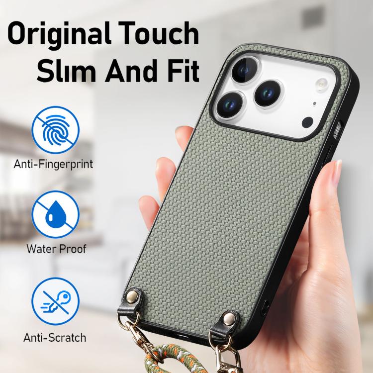 For iPhone 17 Pro Carbon Fiber Texture Leather Back Phone Case with Crossbody Strap
