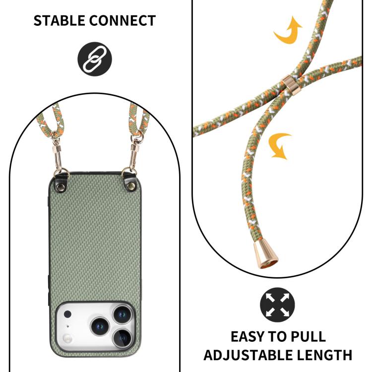 For iPhone 17 Pro Carbon Fiber Texture Leather Back Phone Case with Crossbody Strap
