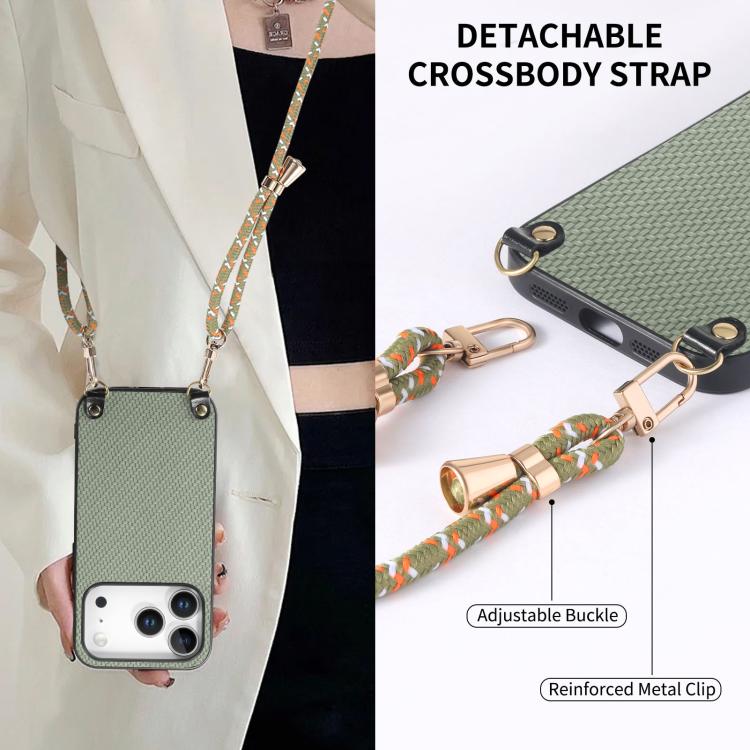 For iPhone 17 Pro Carbon Fiber Texture Leather Back Phone Case with Crossbody Strap