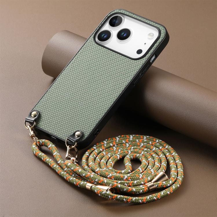 For iPhone 17 Pro Carbon Fiber Texture Leather Back Phone Case with Crossbody Strap