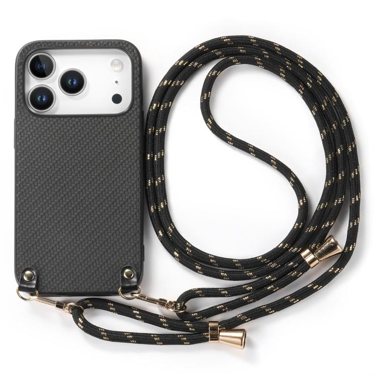 For iPhone 17 Pro Carbon Fiber Texture Leather Back Phone Case with Crossbody Strap