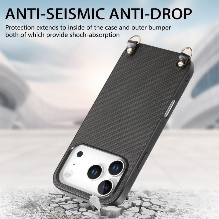 For iPhone 17 Pro Carbon Fiber Texture Leather Back Phone Case with Crossbody Strap
