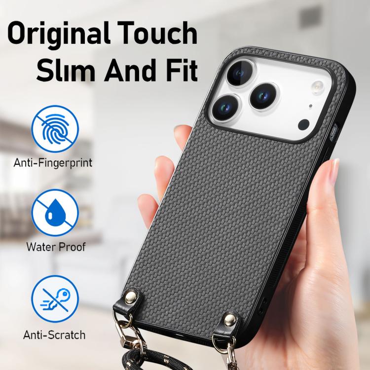 For iPhone 17 Pro Carbon Fiber Texture Leather Back Phone Case with Crossbody Strap