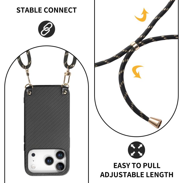 For iPhone 17 Pro Carbon Fiber Texture Leather Back Phone Case with Crossbody Strap