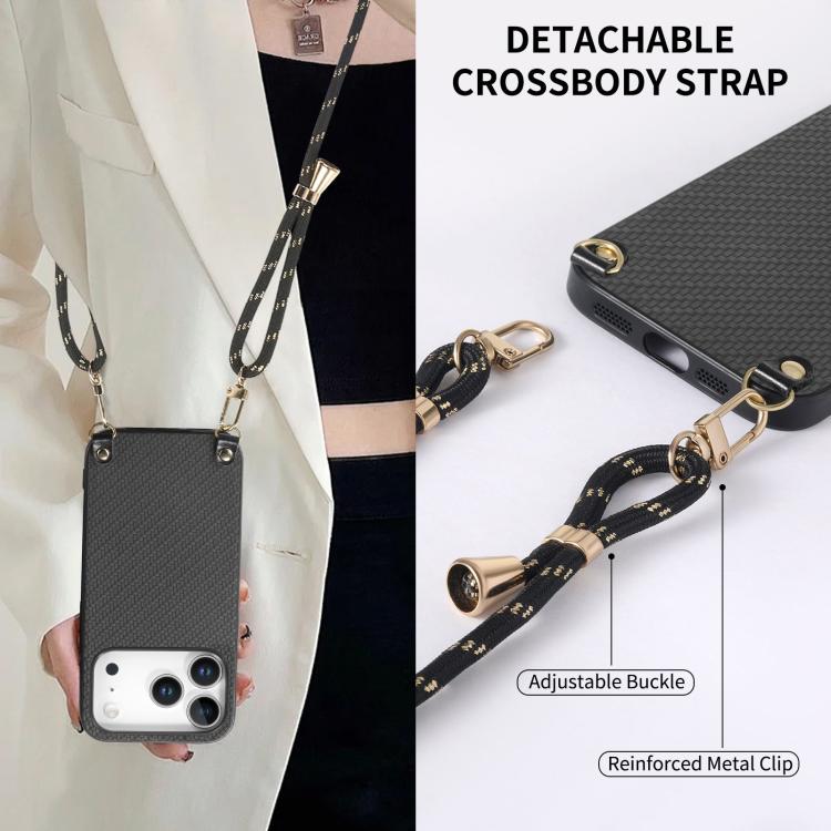 For iPhone 17 Pro Carbon Fiber Texture Leather Back Phone Case with Crossbody Strap
