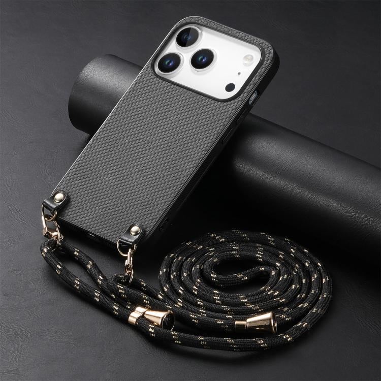 For iPhone 17 Pro Carbon Fiber Texture Leather Back Phone Case with Crossbody Strap