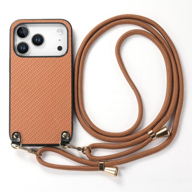 For iPhone 17 Pro Carbon Fiber Texture Leather Back Phone Case with Crossbody Strap