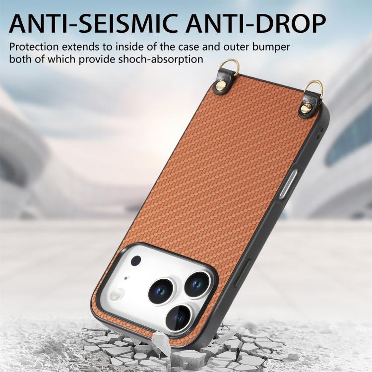 For iPhone 17 Pro Carbon Fiber Texture Leather Back Phone Case with Crossbody Strap