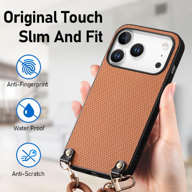 For iPhone 17 Pro Carbon Fiber Texture Leather Back Phone Case with Crossbody Strap