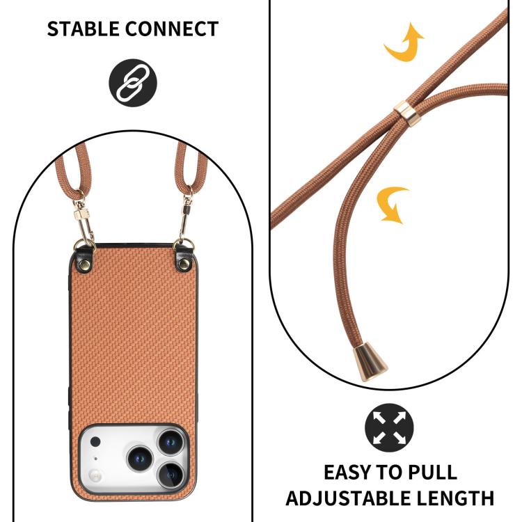 For iPhone 17 Pro Carbon Fiber Texture Leather Back Phone Case with Crossbody Strap