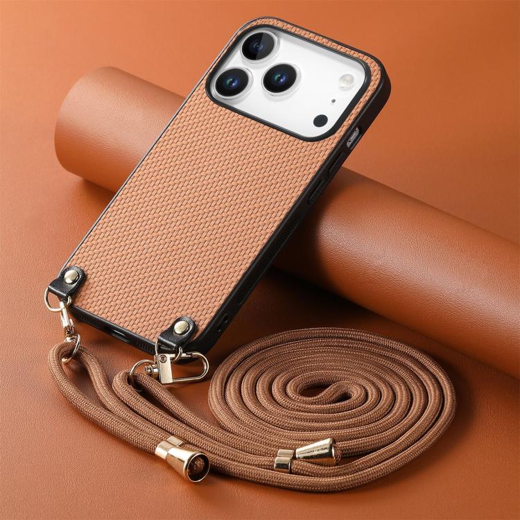 For iPhone 17 Pro Carbon Fiber Texture Leather Back Phone Case with Crossbody Strap
