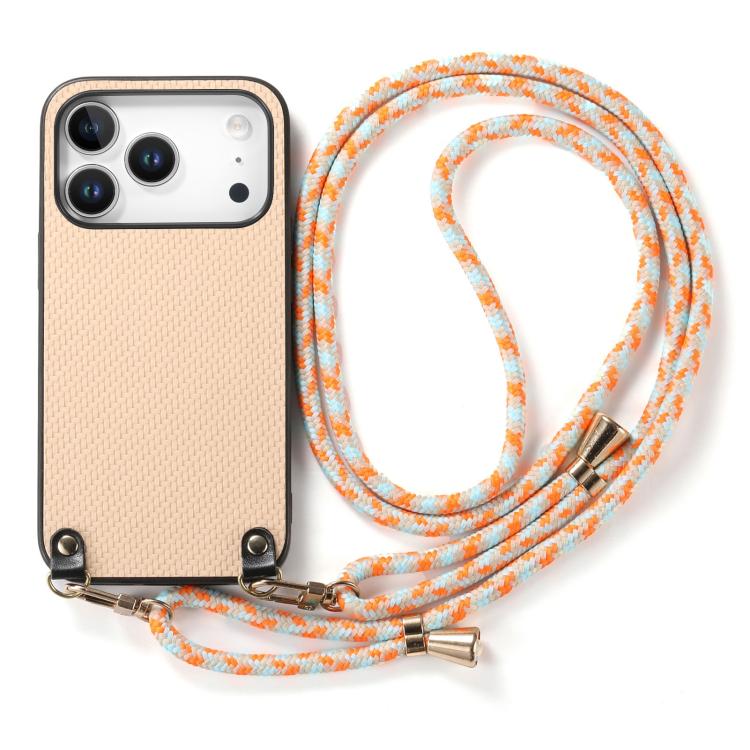 For iPhone 17 Pro Carbon Fiber Texture Leather Back Phone Case with Crossbody Strap