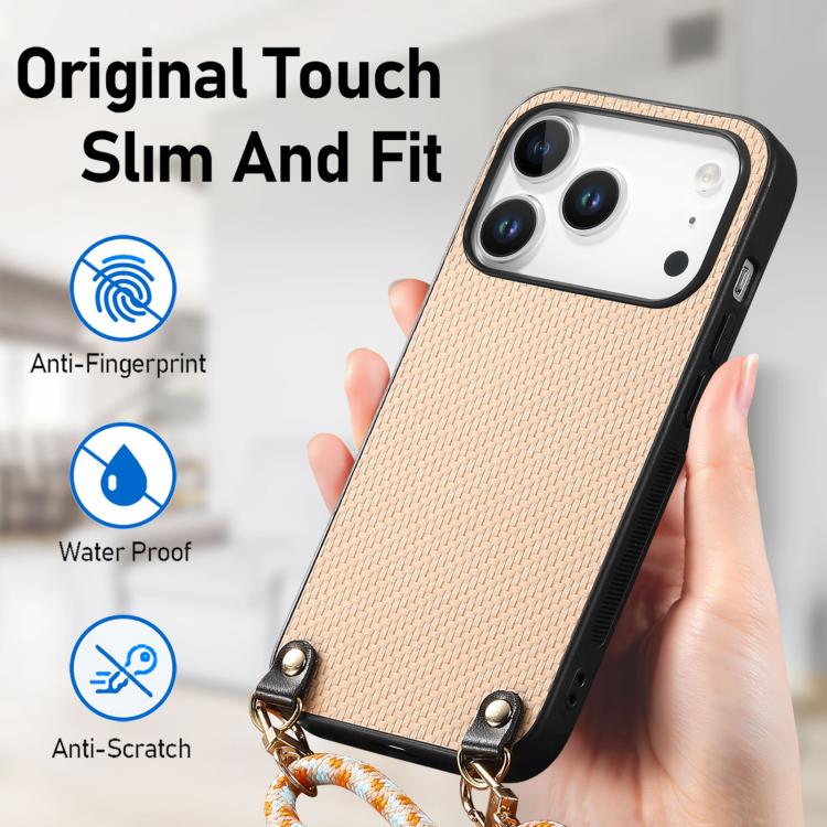 For iPhone 17 Pro Carbon Fiber Texture Leather Back Phone Case with Crossbody Strap