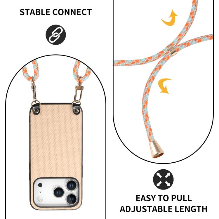 For iPhone 17 Pro Carbon Fiber Texture Leather Back Phone Case with Crossbody Strap