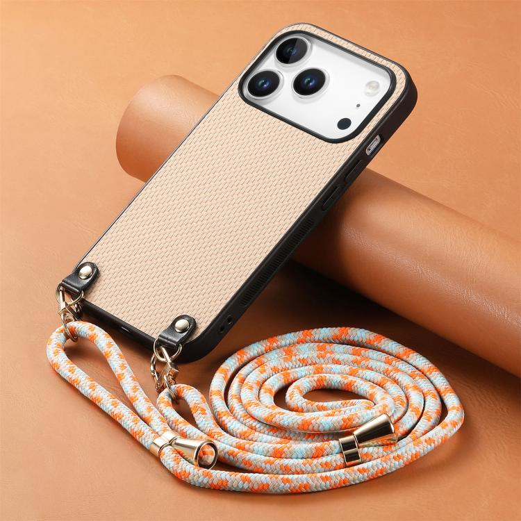 For iPhone 17 Pro Carbon Fiber Texture Leather Back Phone Case with Crossbody Strap