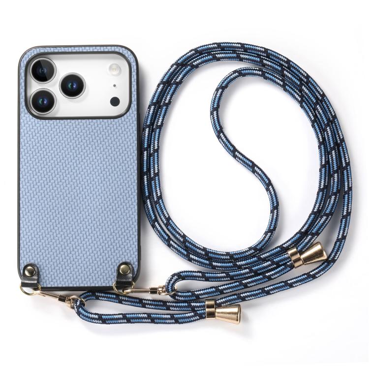 For iPhone 17 Pro Carbon Fiber Texture Leather Back Phone Case with Crossbody Strap